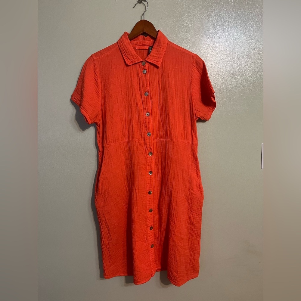 Shannon Passero Womens Gauzy Cotton Vibrant Orange Button-Up Dress Pockets XS